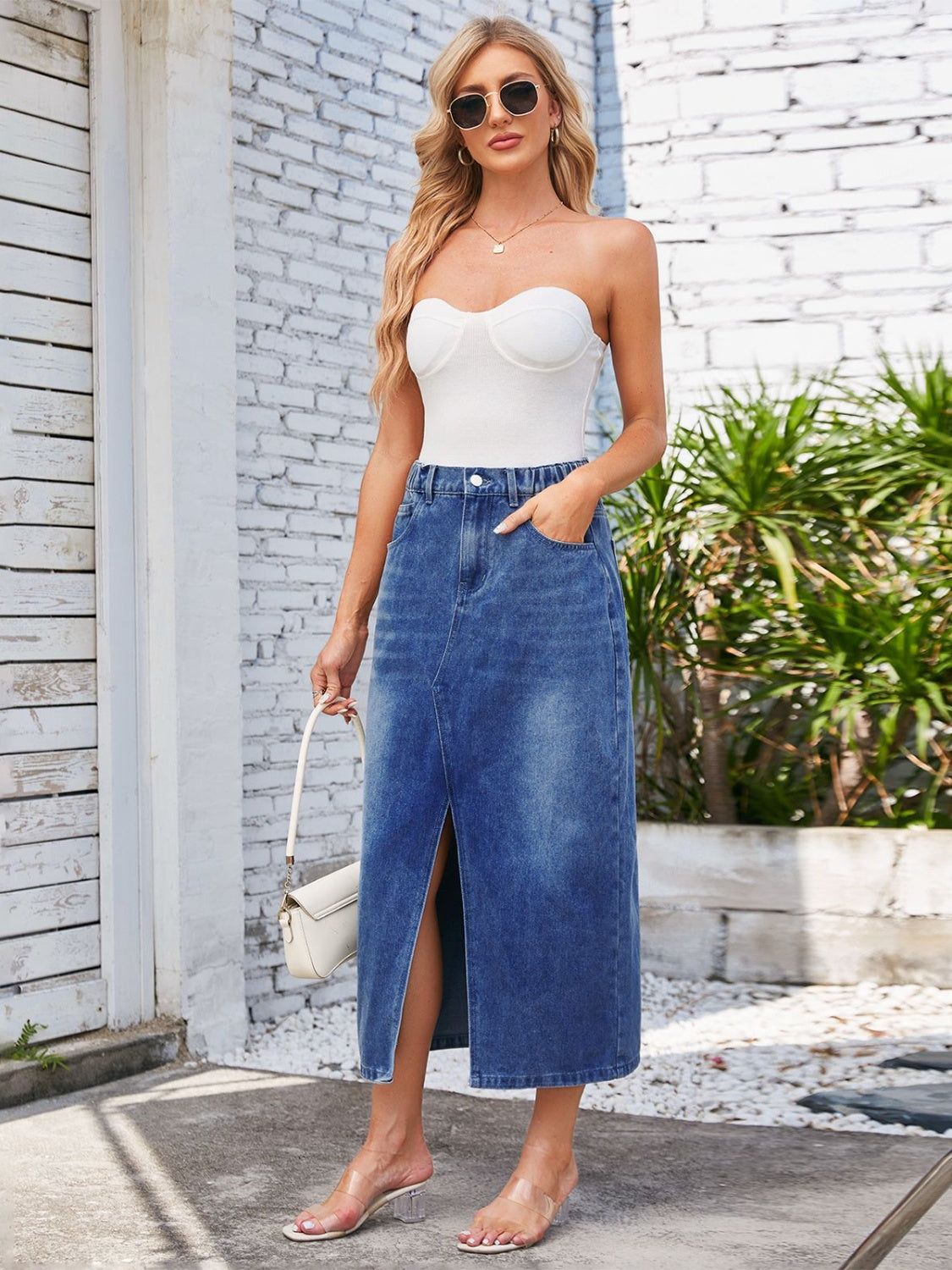 Slit Midi Denim Skirt