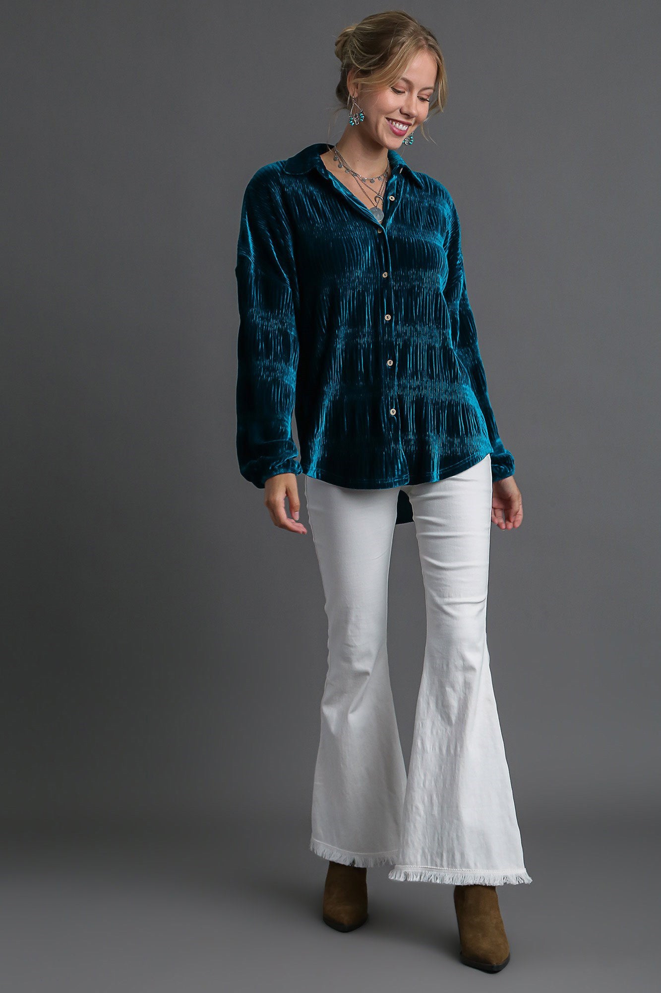 Ruched Tiered Button Up Shirt
