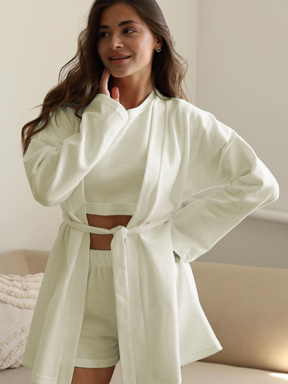Waffle T-Shirt, Cardigan and Shorts Set