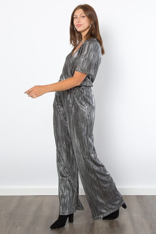 Short Sleeve Pleated Foil Jumpsuit