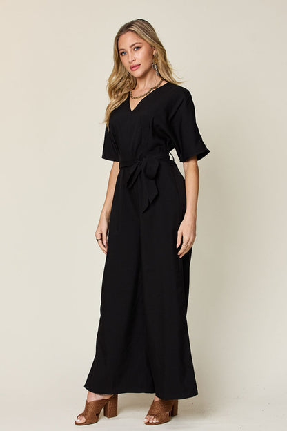 V-Neck Tie Slit Jumpsuit