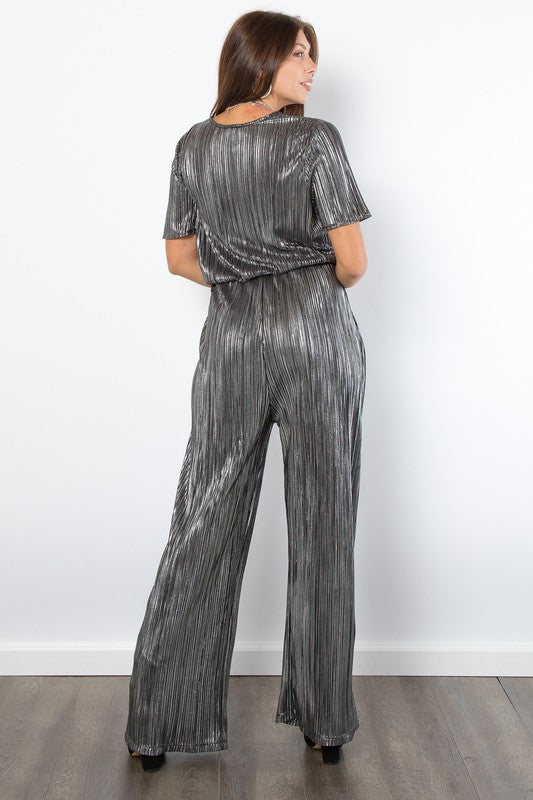 Short Sleeve Pleated Foil Jumpsuit