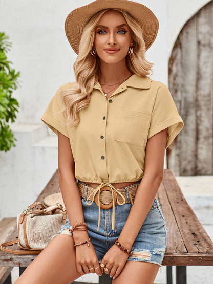 Drawstring Collared Neck Short Sleeve Shirt