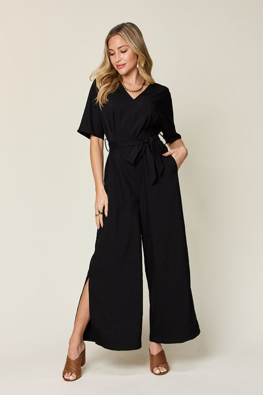 V-Neck Tie Slit Jumpsuit