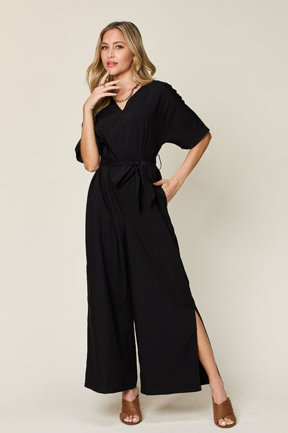 V-Neck Tie Slit Jumpsuit