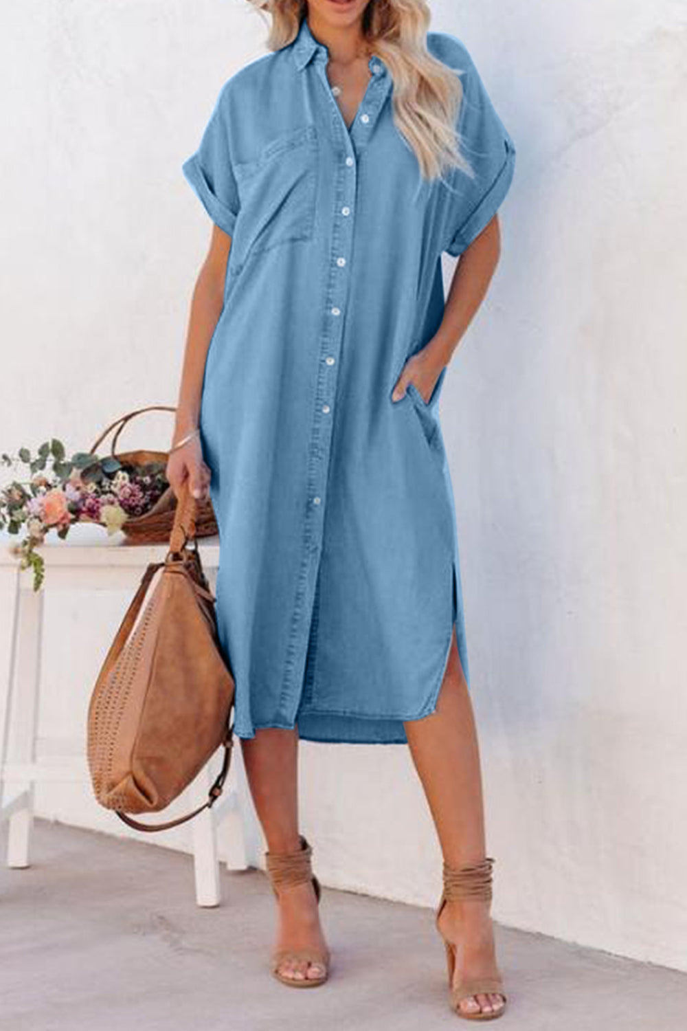 Button Up Imitation Denim Dress