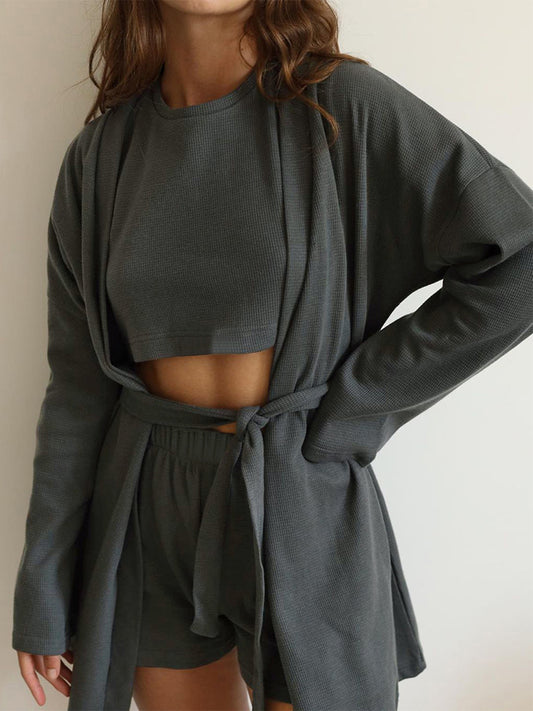 Waffle T-Shirt, Cardigan and Shorts Set