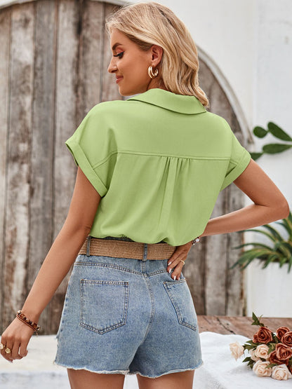 Drawstring Collared Neck Short Sleeve Shirt