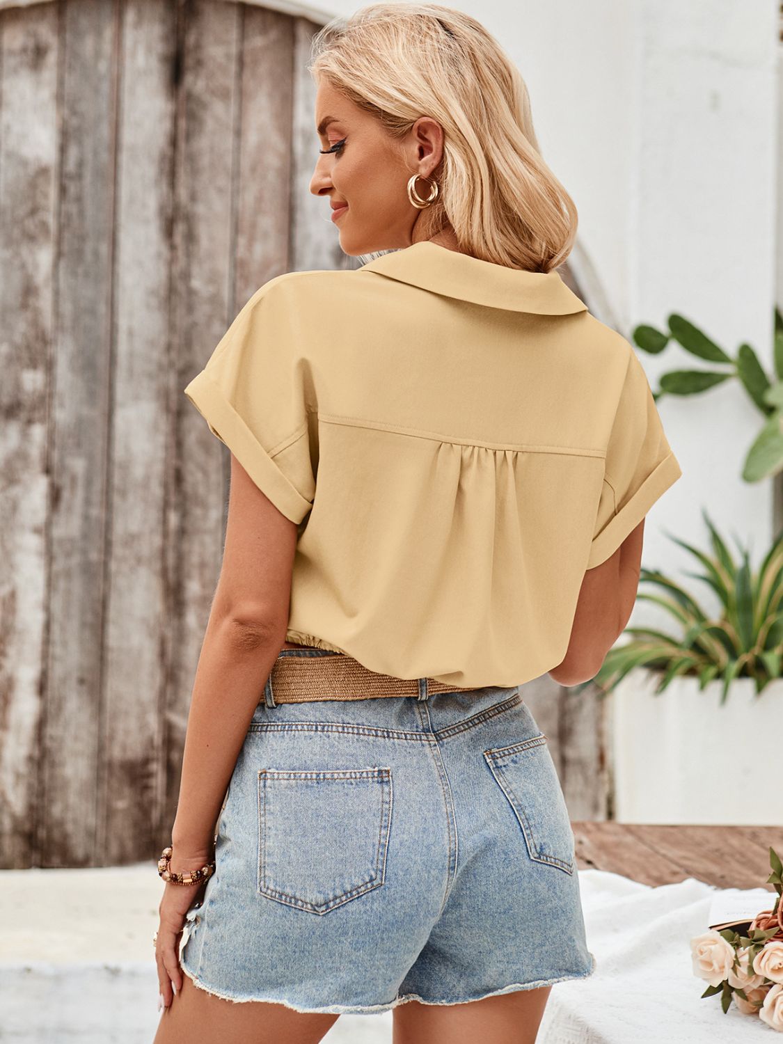 Drawstring Collared Neck Short Sleeve Shirt