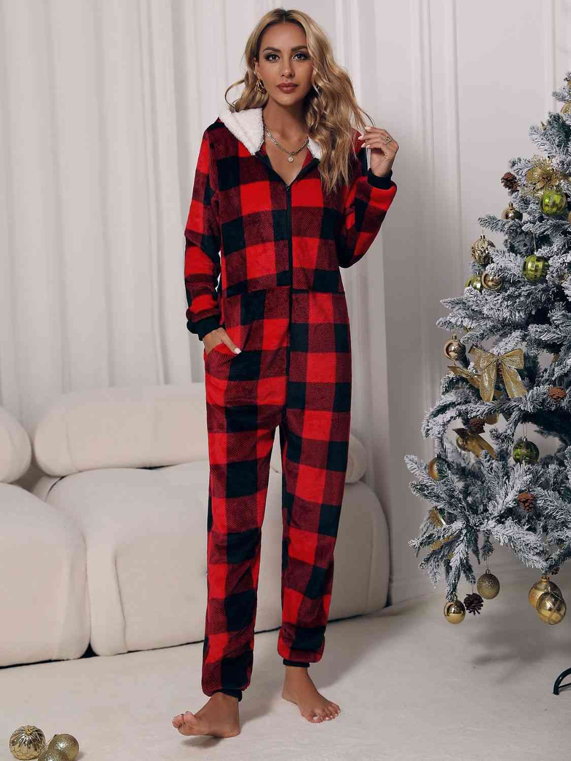 Plaid Hooded Jumpsuit